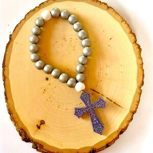 NWOT HANDMADE Cross Rosary (Blue, White and Silver)